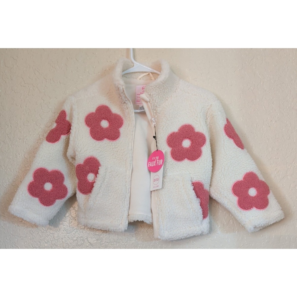 205 Collins Childrens Faux Sherpa Fur White Jacket W/ Pink Flower Design Size 5